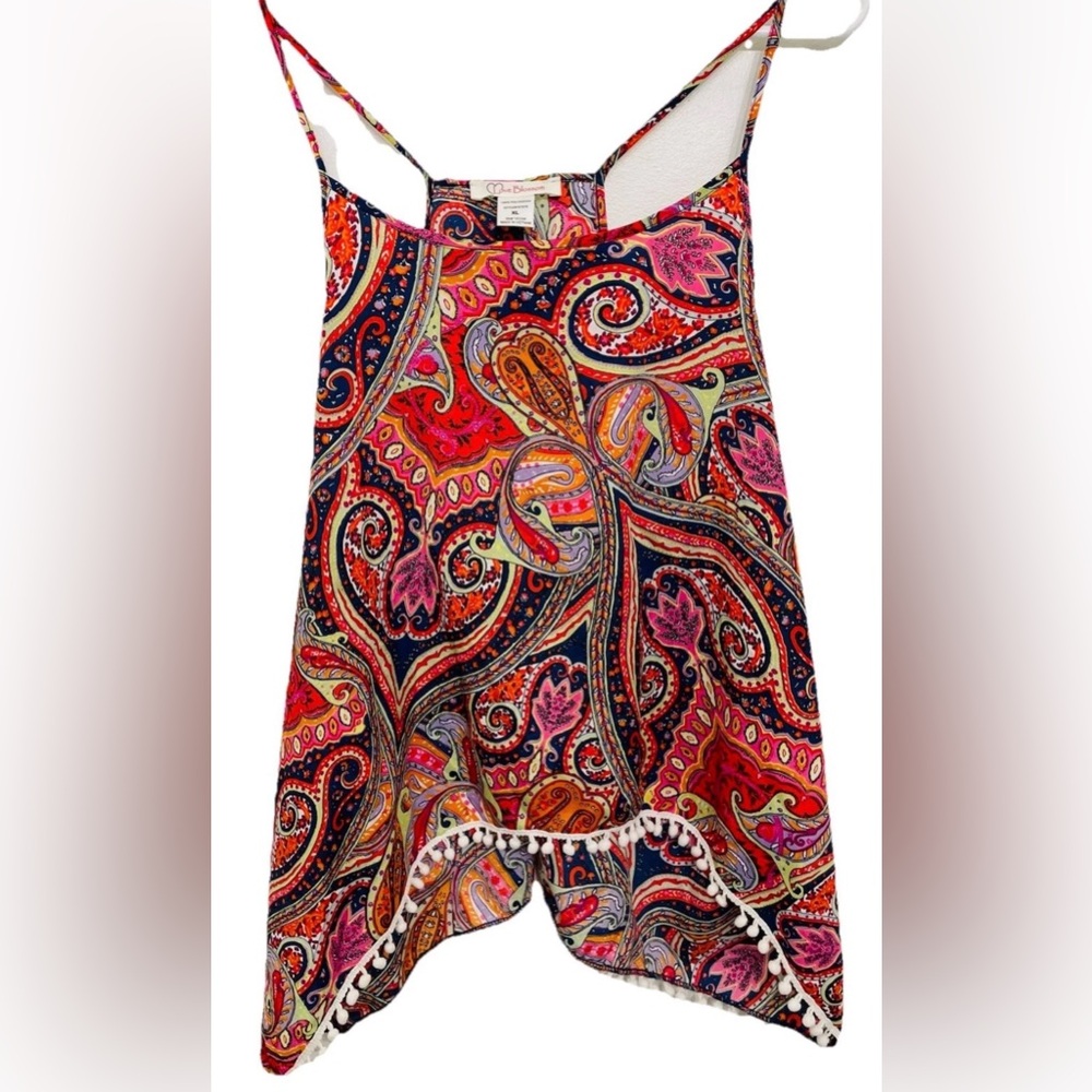 Love Blossom Boho Paisley Tank Top Pom Pom Hem Slit Back Cami Multi-Color XL